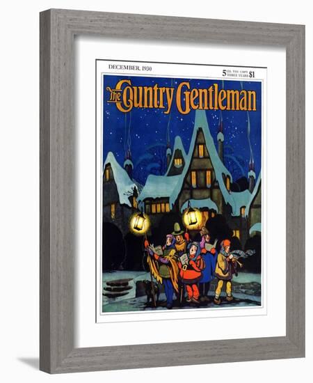 "Christmas Carolling in Village at Night," Country Gentleman Cover, December 1, 1930-Nelson Grofe-Framed Giclee Print