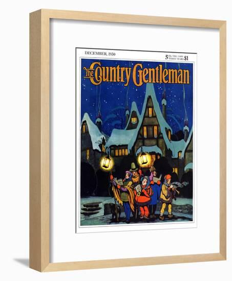 "Christmas Carolling in Village at Night," Country Gentleman Cover, December 1, 1930-Nelson Grofe-Framed Giclee Print