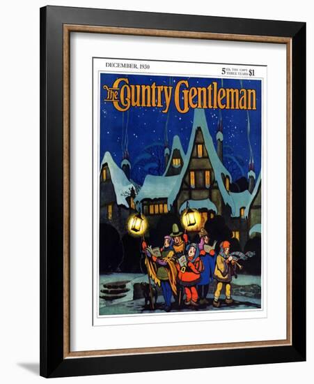 "Christmas Carolling in Village at Night," Country Gentleman Cover, December 1, 1930-Nelson Grofe-Framed Giclee Print