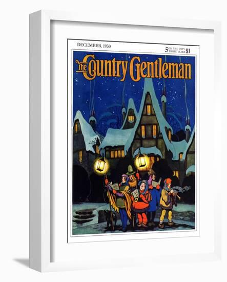 "Christmas Carolling in Village at Night," Country Gentleman Cover, December 1, 1930-Nelson Grofe-Framed Giclee Print