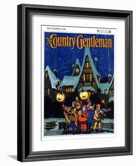 "Christmas Carolling in Village at Night," Country Gentleman Cover, December 1, 1930-Nelson Grofe-Framed Giclee Print