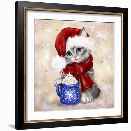 Christmas Cat with Hot Chocolate-MAKIKO-Framed Giclee Print