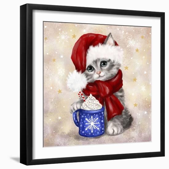 Christmas Cat with Hot Chocolate-MAKIKO-Framed Giclee Print