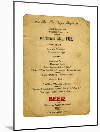 Christmas Day Menu, 2nd Battalion the King's Regiment, Iraq, 1926-null-Mounted Giclee Print