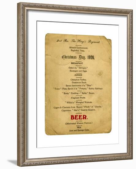 Christmas Day Menu, 2nd Battalion the King's Regiment, Iraq, 1926-null-Framed Giclee Print