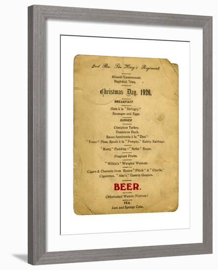Christmas Day Menu, 2nd Battalion the King's Regiment, Iraq, 1926-null-Framed Giclee Print
