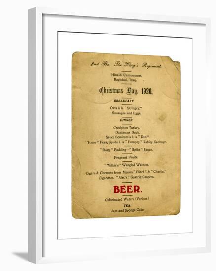 Christmas Day Menu, 2nd Battalion the King's Regiment, Iraq, 1926-null-Framed Giclee Print