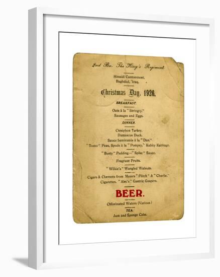 Christmas Day Menu, 2nd Battalion the King's Regiment, Iraq, 1926--Framed Giclee Print