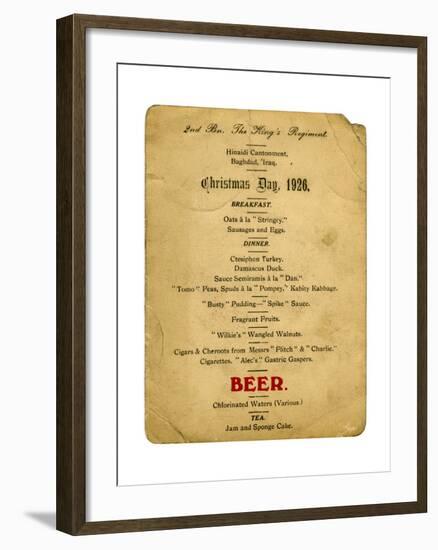 Christmas Day Menu, 2nd Battalion the King's Regiment, Iraq, 1926-null-Framed Giclee Print