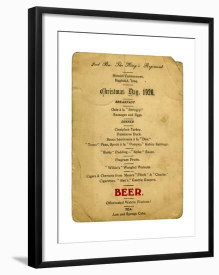 Christmas Day Menu, 2nd Battalion the King's Regiment, Iraq, 1926-null-Framed Giclee Print