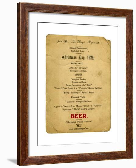 Christmas Day Menu, 2nd Battalion the King's Regiment, Iraq, 1926--Framed Giclee Print