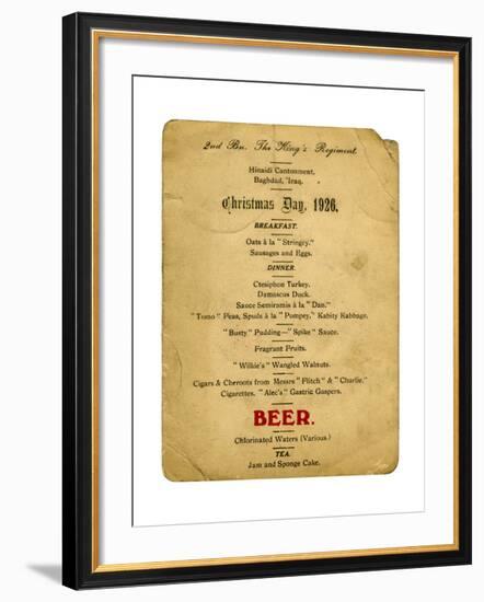 Christmas Day Menu, 2nd Battalion the King's Regiment, Iraq, 1926-null-Framed Giclee Print