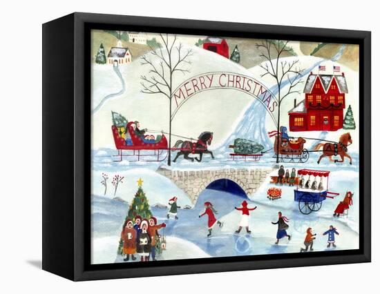 Christmas Day Skating by Old Stone Bridge-Cheryl Bartley-Framed Premier Image Canvas