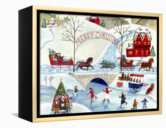 Christmas Day Skating by Old Stone Bridge-Cheryl Bartley-Framed Premier Image Canvas