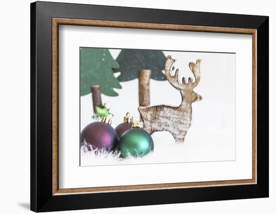 Christmas Decoration, Fir Trees Made of Wood with Reindeer and Christmas Balls-Petra Daisenberger-Framed Photographic Print