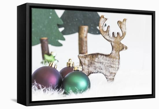 Christmas Decoration, Fir Trees Made of Wood with Reindeer and Christmas Balls-Petra Daisenberger-Framed Premier Image Canvas