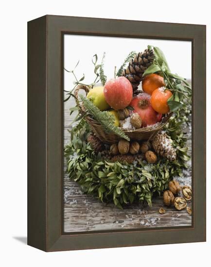 Christmas Decoration: Fruit, Nuts, Cones and Box Wreath-null-Framed Premier Image Canvas