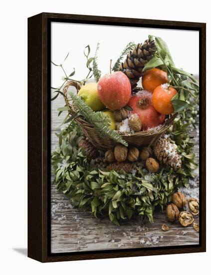 Christmas Decoration: Fruit, Nuts, Cones and Box Wreath-null-Framed Premier Image Canvas