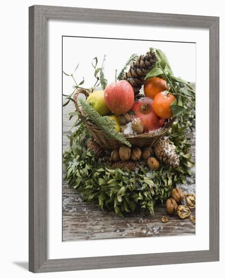 Christmas Decoration: Fruit, Nuts, Cones and Box Wreath-null-Framed Photographic Print