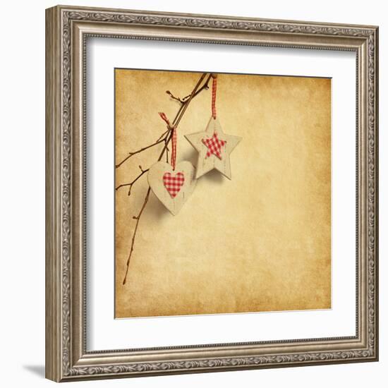 Christmas Decoration Hanging over Old Paper Background-A_nella-Framed Art Print