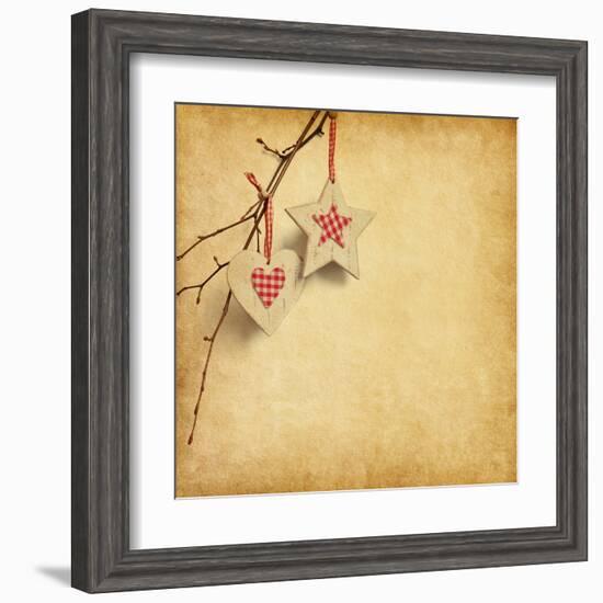 Christmas Decoration Hanging over Old Paper Background-A_nella-Framed Art Print