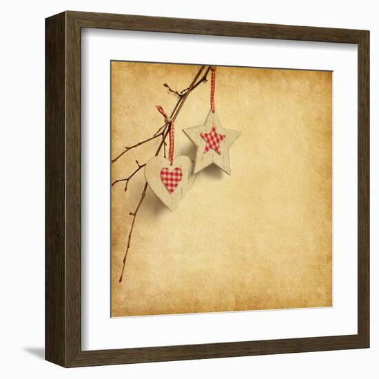 Christmas Decoration Hanging over Old Paper Background-A_nella-Framed Art Print