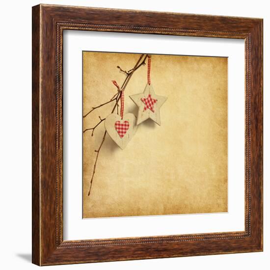 Christmas Decoration Hanging over Old Paper Background-A_nella-Framed Art Print