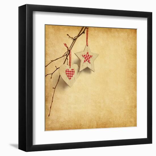 Christmas Decoration Hanging over Old Paper Background-A_nella-Framed Art Print