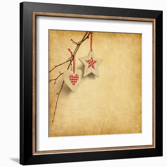 Christmas Decoration Hanging over Old Paper Background-A_nella-Framed Art Print