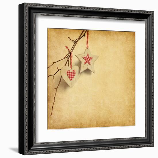 Christmas Decoration Hanging over Old Paper Background-A_nella-Framed Art Print