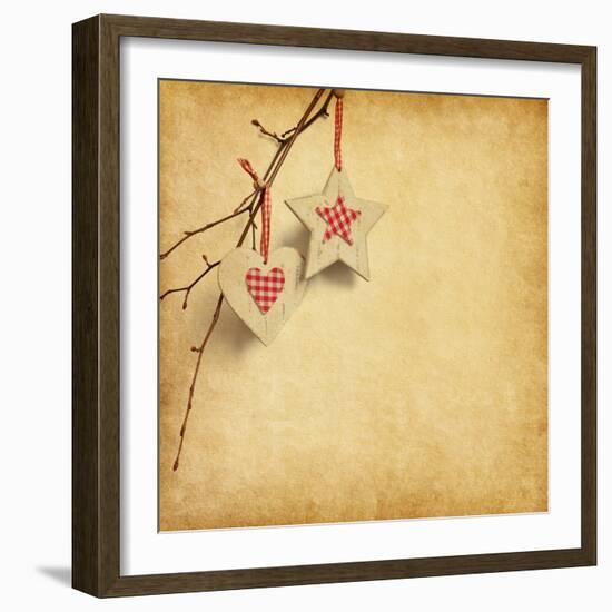 Christmas Decoration Hanging over Old Paper Background-A_nella-Framed Art Print