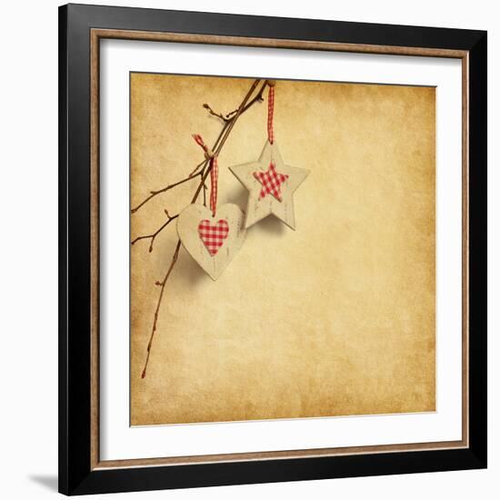 Christmas Decoration Hanging over Old Paper Background-A_nella-Framed Art Print