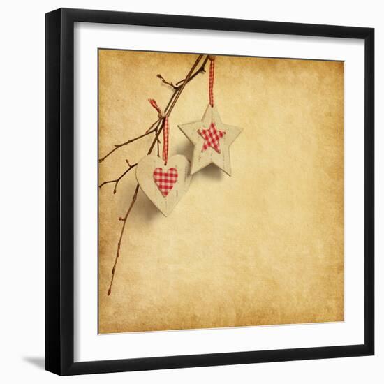 Christmas Decoration Hanging over Old Paper Background-A_nella-Framed Art Print