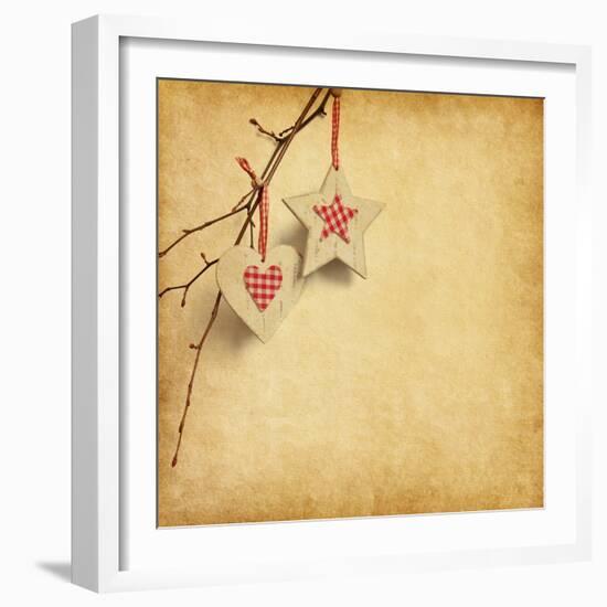 Christmas Decoration Hanging over Old Paper Background-A_nella-Framed Art Print