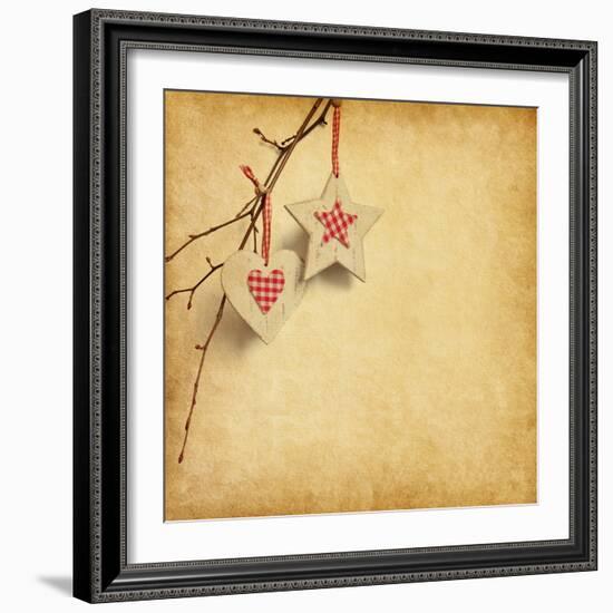 Christmas Decoration Hanging over Old Paper Background-A_nella-Framed Art Print