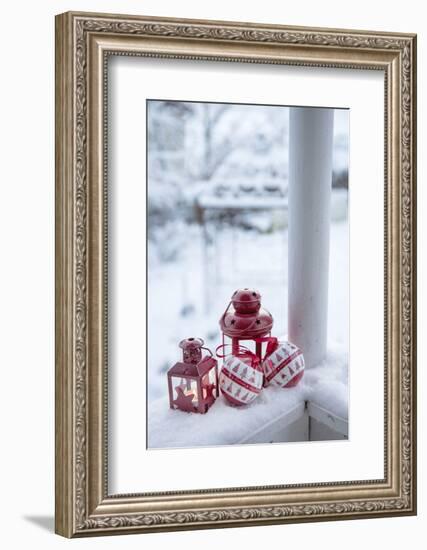 Christmas decoration in the snow, decoration, still life-Andrea Haase-Framed Photographic Print