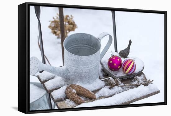 Christmas decoration in the snow, decoration, still life-Andrea Haase-Framed Stretched Canvas