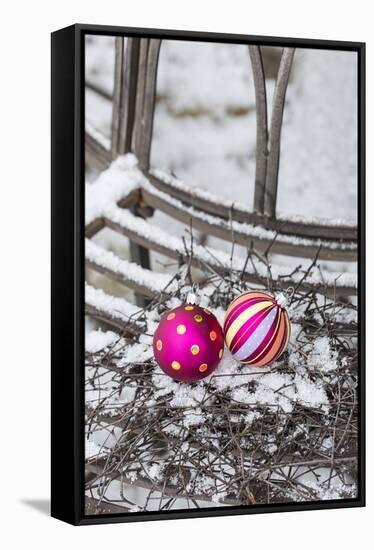 Christmas decoration in the snow, decoration, still life-Andrea Haase-Framed Stretched Canvas