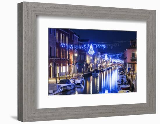 Christmas Decoration on a Canal at Night, Murano, Venice, UNESCO World Heritage Site, Veneto, Italy-Christian Kober-Framed Photographic Print