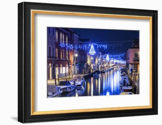 Christmas Decoration on a Canal at Night, Murano, Venice, UNESCO World Heritage Site, Veneto, Italy-Christian Kober-Framed Photographic Print