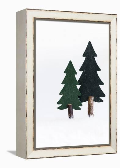 Christmas Decoration, Still Life Made of Wood, Fir Trees in Winter-Petra Daisenberger-Framed Premier Image Canvas