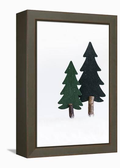 Christmas Decoration, Still Life Made of Wood, Fir Trees in Winter-Petra Daisenberger-Framed Premier Image Canvas