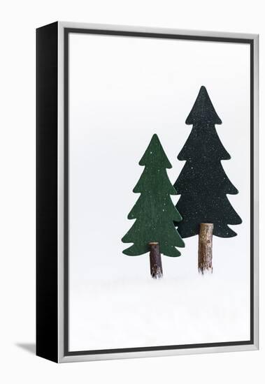 Christmas Decoration, Still Life Made of Wood, Fir Trees in Winter-Petra Daisenberger-Framed Premier Image Canvas