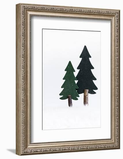 Christmas Decoration, Still Life Made of Wood, Fir Trees in Winter-Petra Daisenberger-Framed Photographic Print