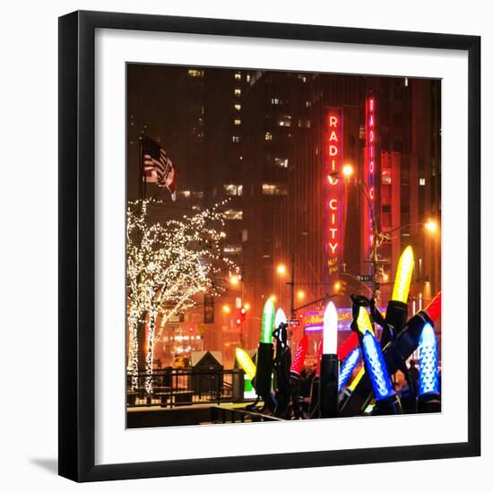 Christmas Decorations in front of the Radio City Music Hall in the Snow on a Winter Night-Philippe Hugonnard-Framed Photographic Print