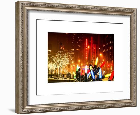 Christmas Decorations in front of the Radio City Music Hall in the Snow on a Winter Night-Philippe Hugonnard-Framed Art Print