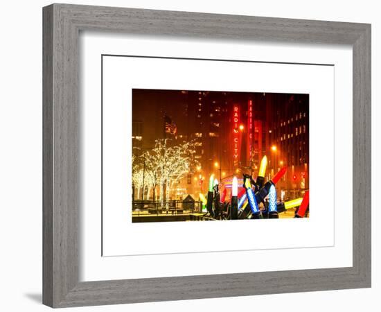 Christmas Decorations in front of the Radio City Music Hall in the Snow on a Winter Night-Philippe Hugonnard-Framed Art Print