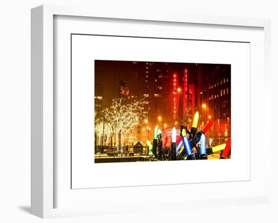 Christmas Decorations in front of the Radio City Music Hall in the Snow on a Winter Night-Philippe Hugonnard-Framed Art Print