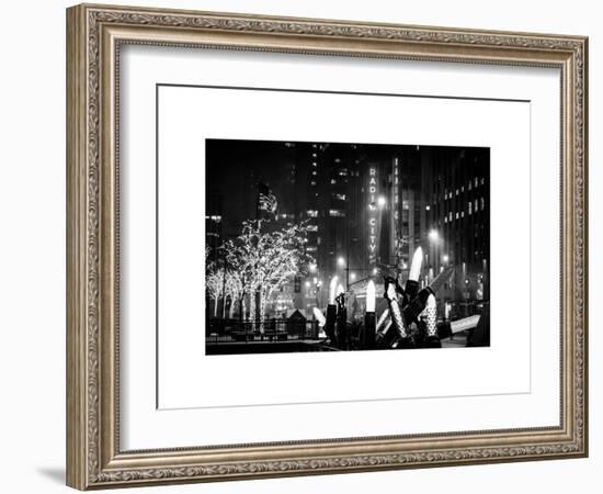 Christmas Decorations in front of the Radio City Music Hall in the Snow on a Winter Night-Philippe Hugonnard-Framed Art Print