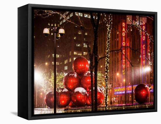 Christmas Decorations in front of the Radio City Music Hall in the Snow-Philippe Hugonnard-Framed Stretched Canvas